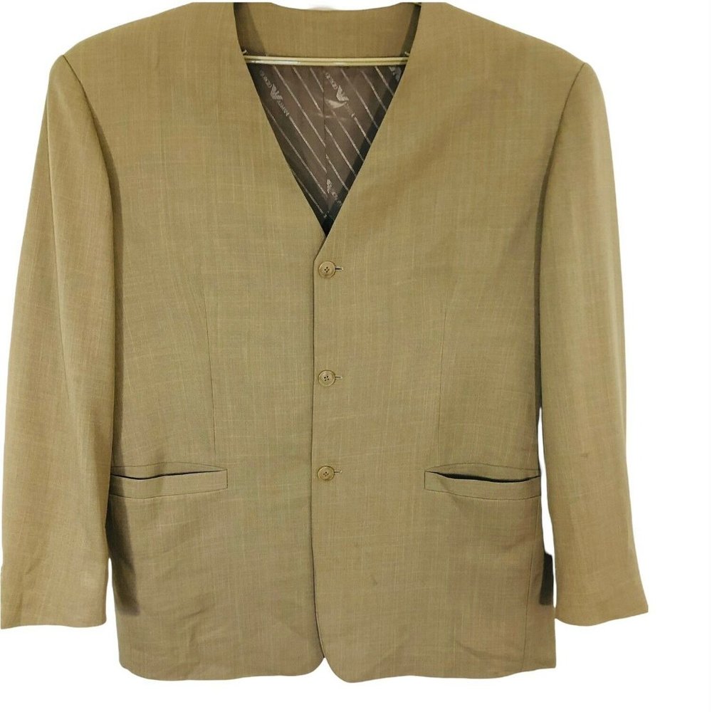 Vtg Giorgio Armani Collarless Sport Coat Blazer Jacket Beige Mens Sz 52 R